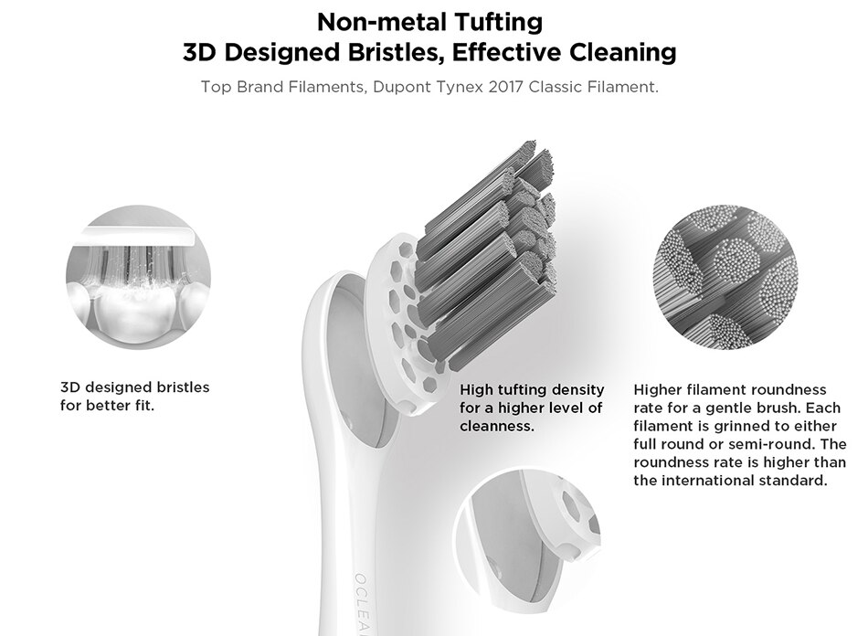 Non-metal tufting 3D designed bristles, effective cleaning